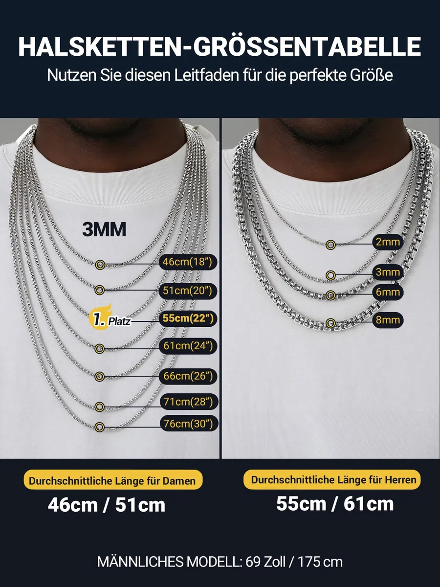 PROSTEEL Halskette Herren Damen Edelstahl Kette - Venetian Box Briolette Kette Silber/Gold/Schwarz Breite 2mm/3mm/6mm/8mm Länge 46-81cm Schmuck für Männer Jungen