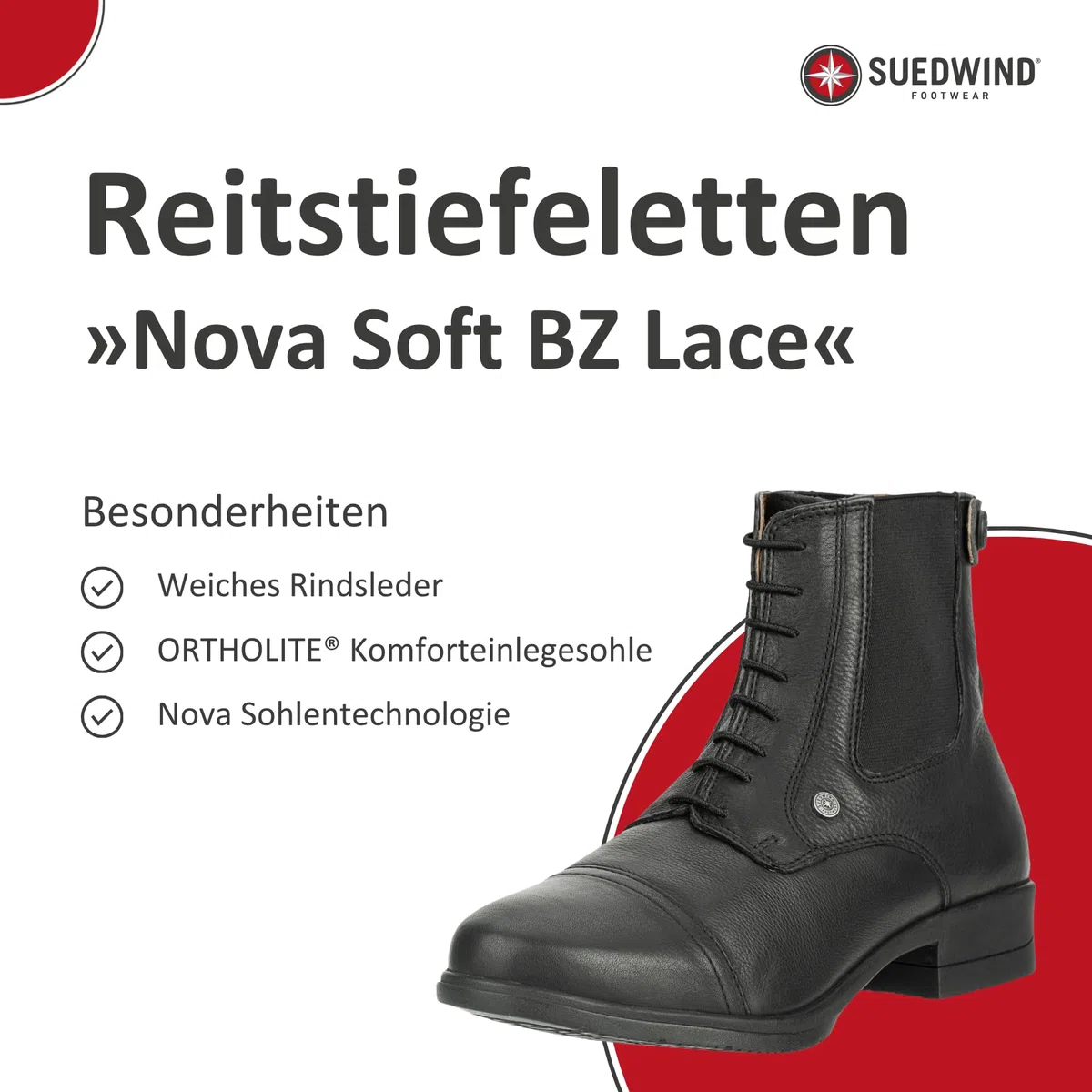 SUEDWIND FOOTWEAR Reitstiefeletten Nova Soft BZ Lace - Rindsleder Reitschuhe – Unisex Paddock Stiefeletten m. Schnürung, Mesh-Lining, Nova-Gummisohle & Reißverschluss hinten – schwarz – 25-46