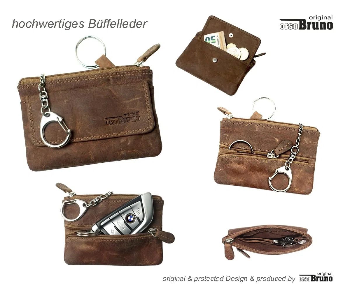 Schlüsseltasche Leder braun Schlüsseletui Leder Schlüsselmäppchen Büffel braun für Damen und Herren + Karabiner und 2 Schlüsselringe + Münzfach