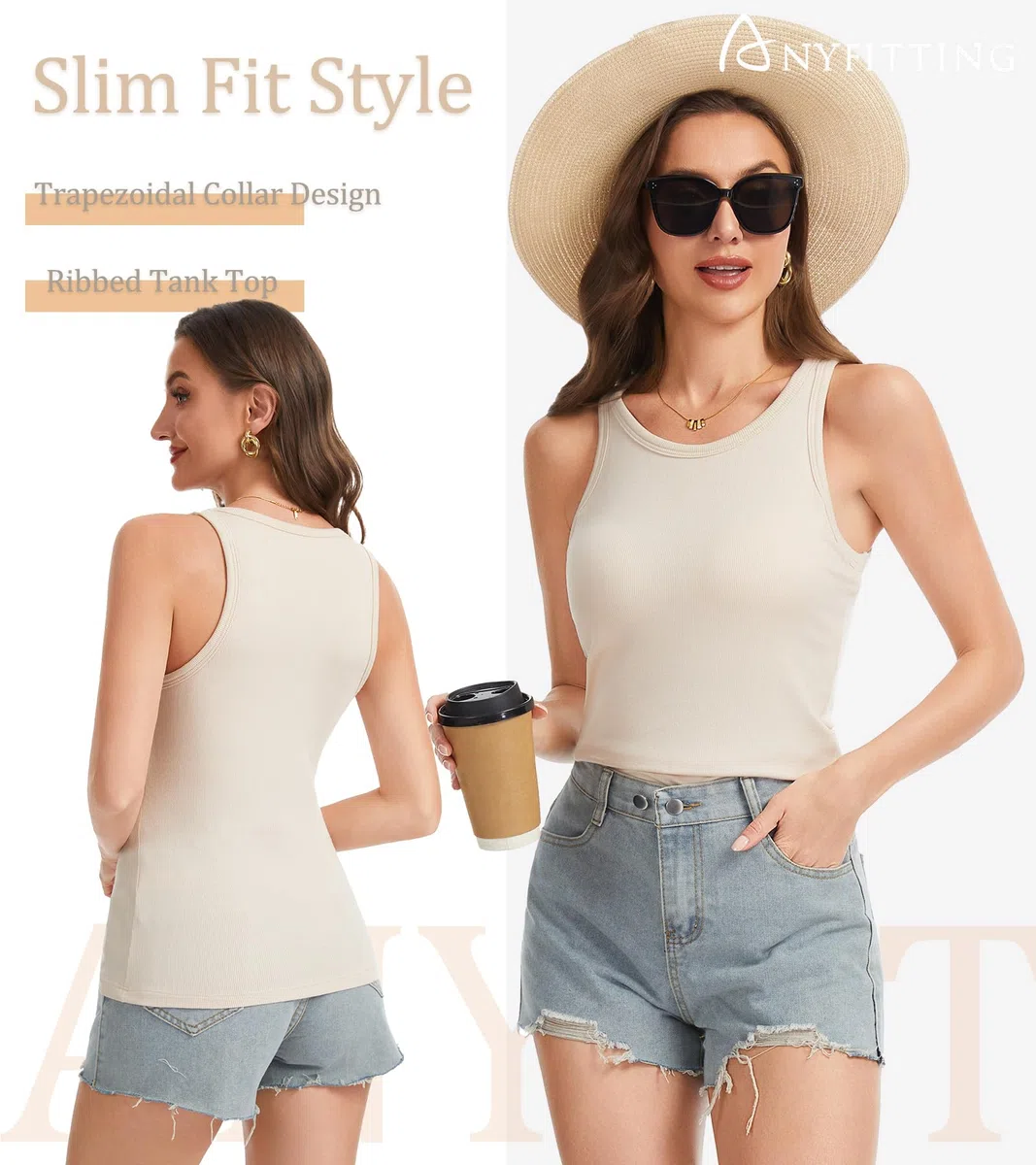 ANYFITTING Damen Unterhemd mit Integriertem BH Camisole Top mit Cups Sport Shirts Slim Fit ärmellose Bluse Gepolstert Tank Tops Sommer Yoga Cami für Frauen S-2XL