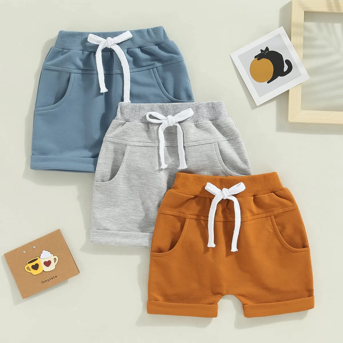 3er-Pack Unisex-Shorts für Neugeborene, Kleinkinder, Jungen, Kordelzug-Shorts, Baby-Jogger-Shorts mit Taschen, einfarbige Kordelzughose, Baby-Sommerkleidung