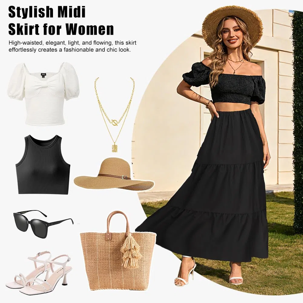 Röcke für Damen mit Taschen - Basic Solid A-Line Elegante Plisseerock Knielang Skater Röcke, Boho Maxirock Casual Elastischer Bund Lang Hohe Sommerrock Langrock, Schwarz