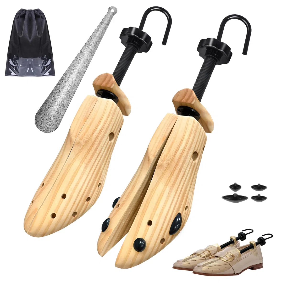 JJDPARTS Schuhspanner Holz, Schuhspanner Herren und Damen, 4-Wege Schuhdehner, Schuhweiter für Einstellbare Länge und Breite mit Schuhlöffel