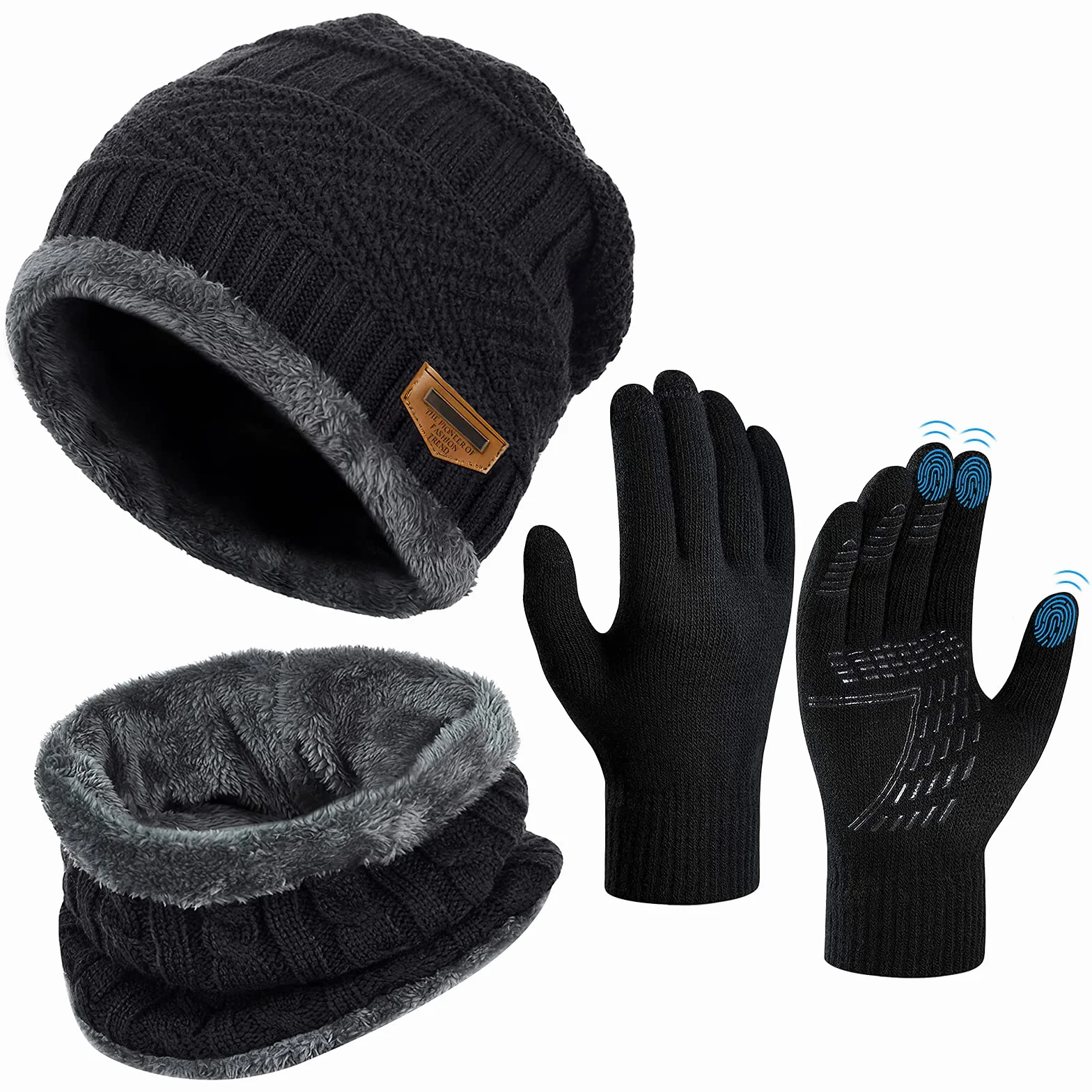 Wintermütze Schal Touchscreen Handschuhe Set - Unisex Beanie Strickmütze Winterschal Thermo Handschuhe | Fleecefutter Warme Knit Hut Loop Schal Rutschfeste Handschuhe | für Herre Ski 3-in-1 Winter-Set
