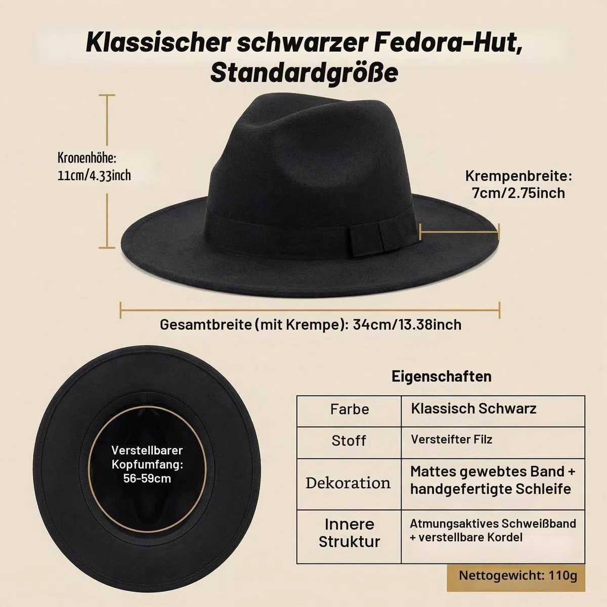 VASANA Schwarze Fedora- und Panama-Hüte, breite Krempe, Schleife, warm, Unisex, Schlapphut für Performance, Party, Show, Cosplay, Hochzeit, Alltag (56-58 cm), Schwarz, M