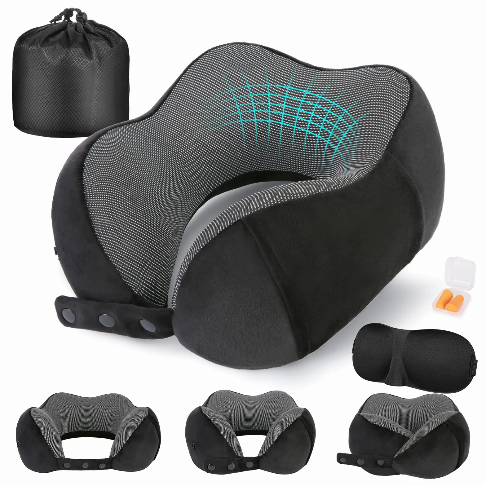 Cirorld Nackenkissen Flugzeug, Nackenhörnchen Erwachsene, Reisekissen Memory Foam, Verstellbares Kompaktes Nackenkissen Reise, Ergonomisches Weich Atmungsaktiv mit Ohrstöpseln, Augenmaske,Tragetasche