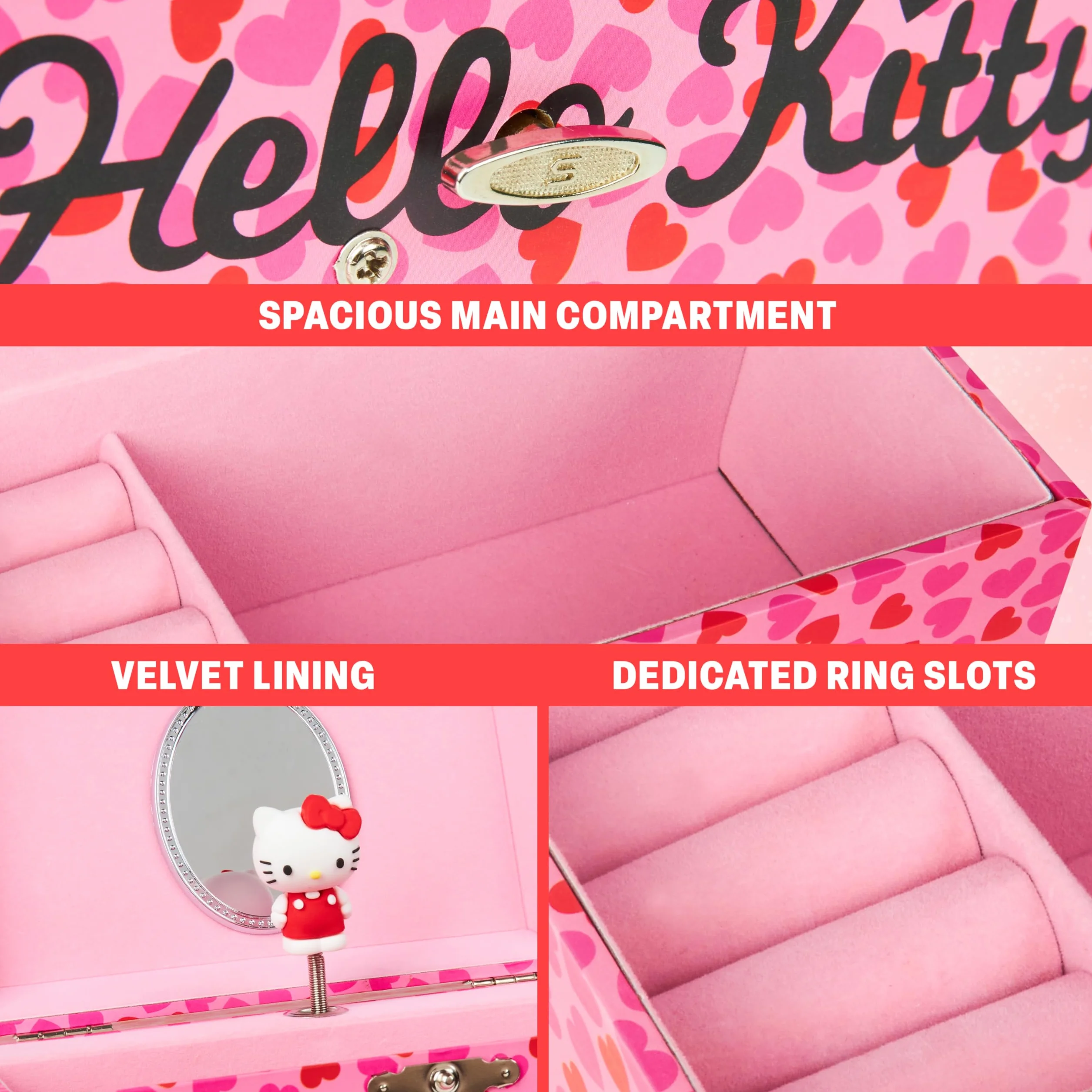 Hello Kitty Sanrio Schmuckkästchen Mädchen mit Spieluhr, Spiegel, Schmuckschatulle Kinder für Ringe, Ohrringe, Halskette, Geschenke für Mädchen (Rosa