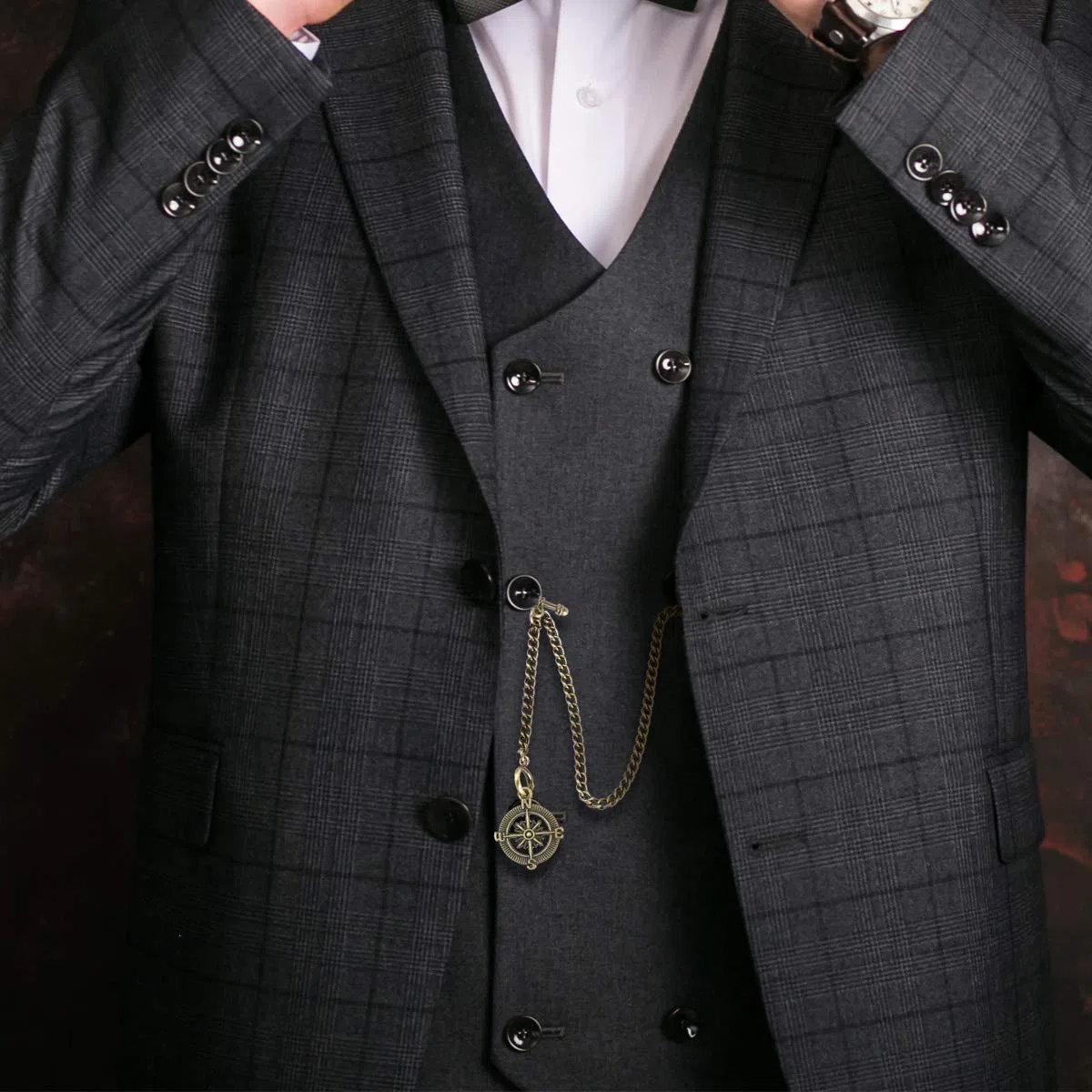 ManChDa Albert Chain Taschenuhr, T-Kette mit Kompass Anhänger, Curb Link Chain Kette 2 Haken, antike T-Bar für Herren