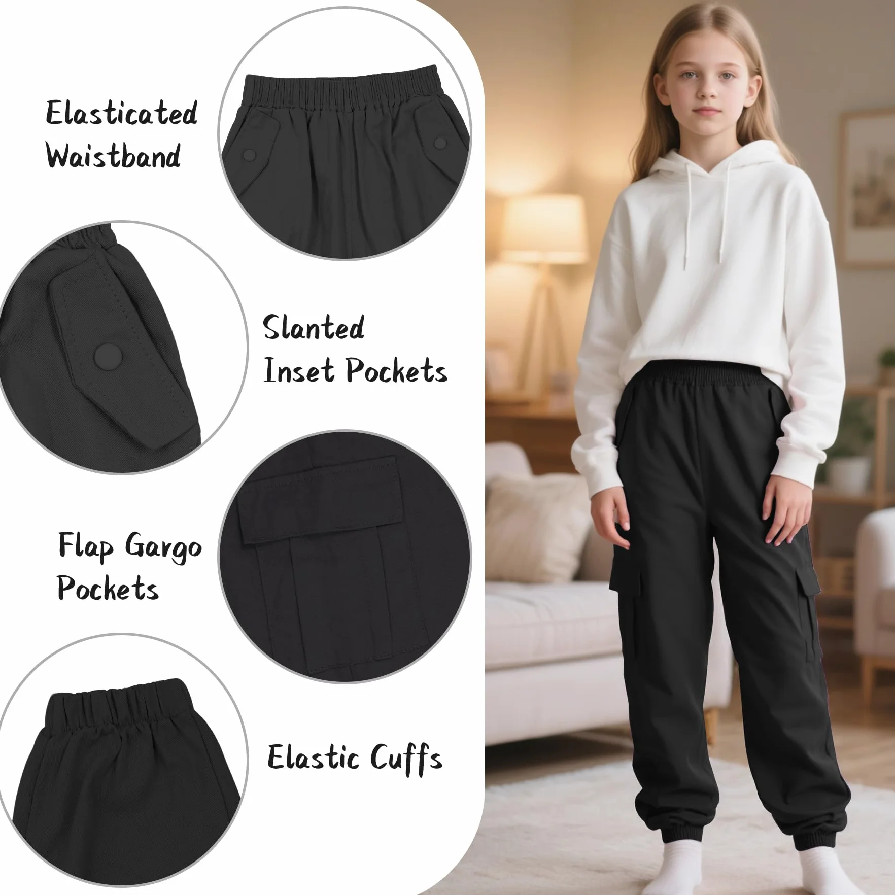 Cargohose Mädchen Baumwolle Kinder Jogginghose Weich Atmungsaktiv Cargo Hose mit Elastischem Bund und Taschen Streetwear Sporthose Freizeithose für Frühling Herbst 6-13 Jahre, Gr.116-158