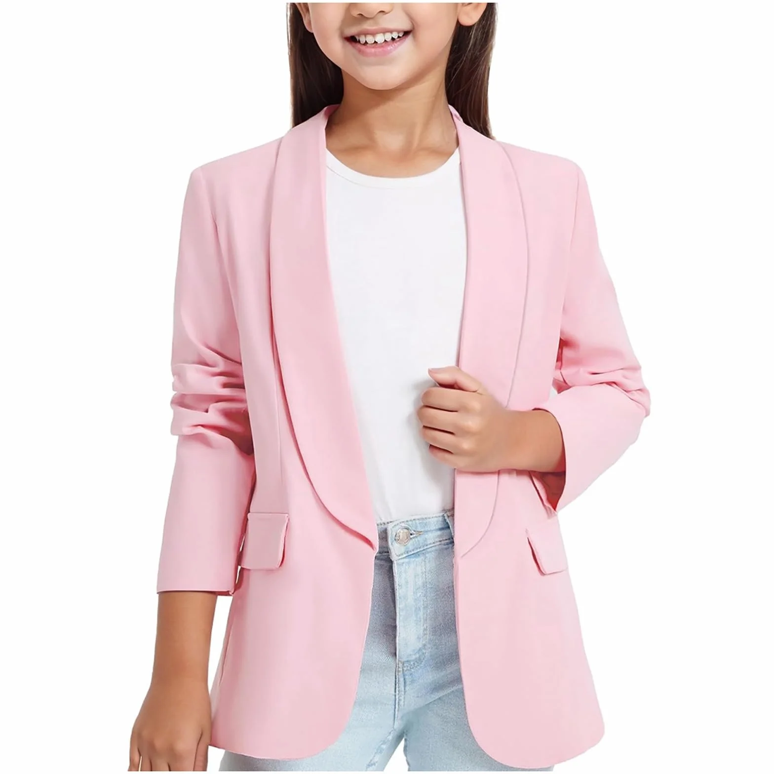 Blazer Mädchen Frühling Herbst Langarm Anzugjacke Formale Offene Front langärmelig Anzugjacke Kinder Schuluniform Kinder British Style Herbstjacke Mantel für Kinder 3-14 Jahre