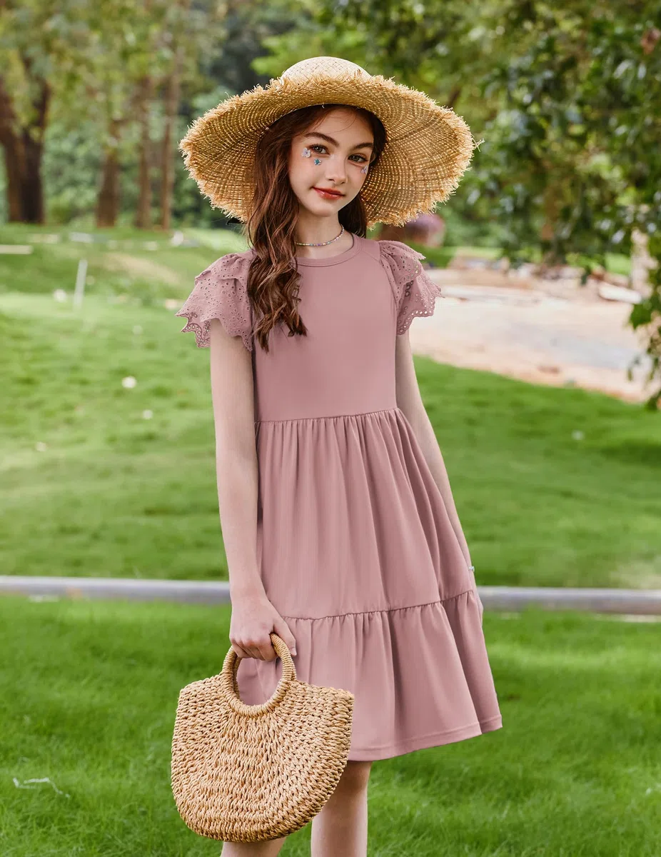 Arshiner Mädchen Kleider Spitze Kurzarm Sommerkleid A-Linie Rundhals Partykleid Kinder Festliches Kleid Casual Midikleid Mode Einfarbig Abendkleider mit Tasche 6-14 Jahre