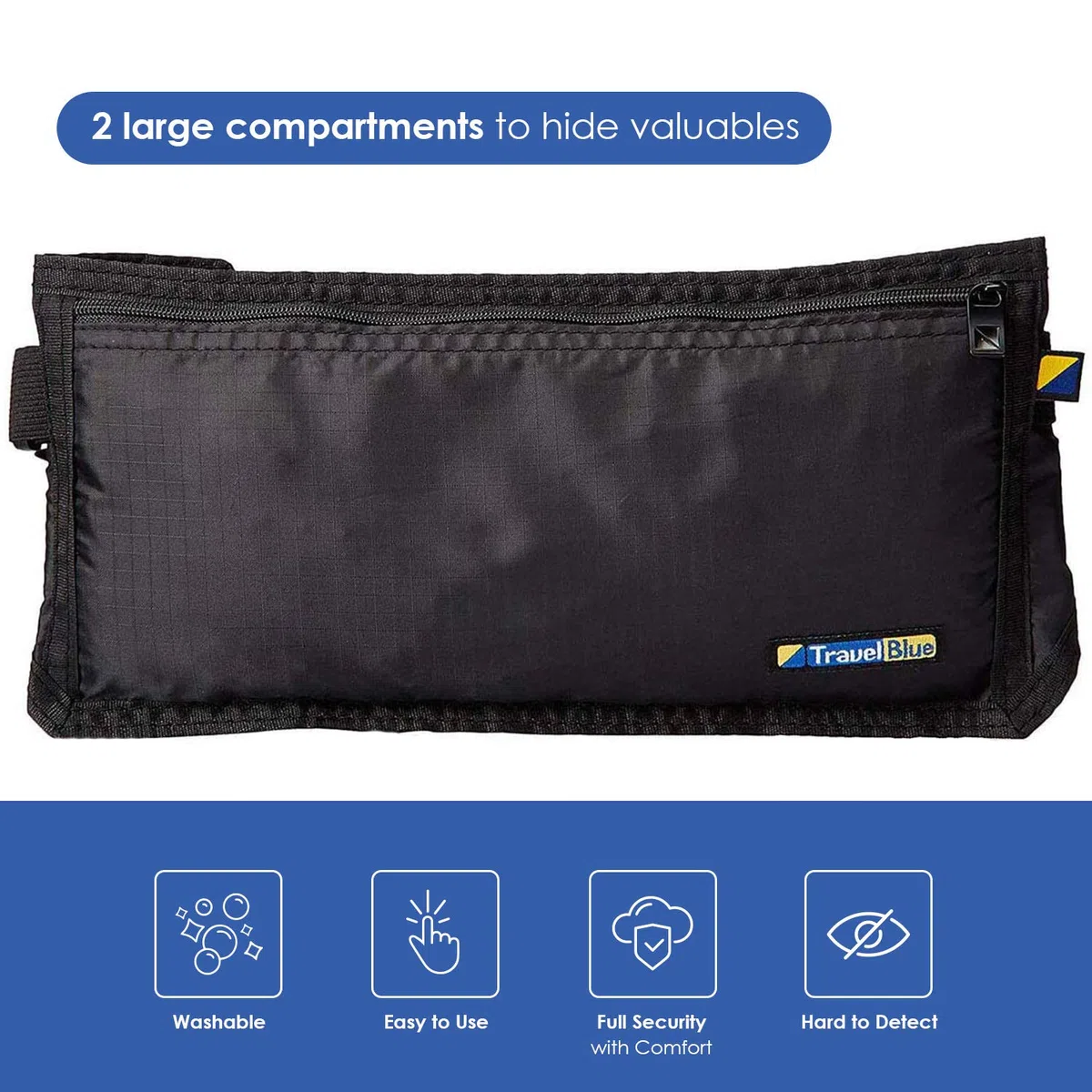 Travel Blue Sicherheits-Bauchtasche Damen & Herren - Hochwertige Polyester, Wasserabweisende Bauchtasche mit 2 großen Fächern Weich & Hautfreundlich - für von Bargeld, Reisepass (Black)