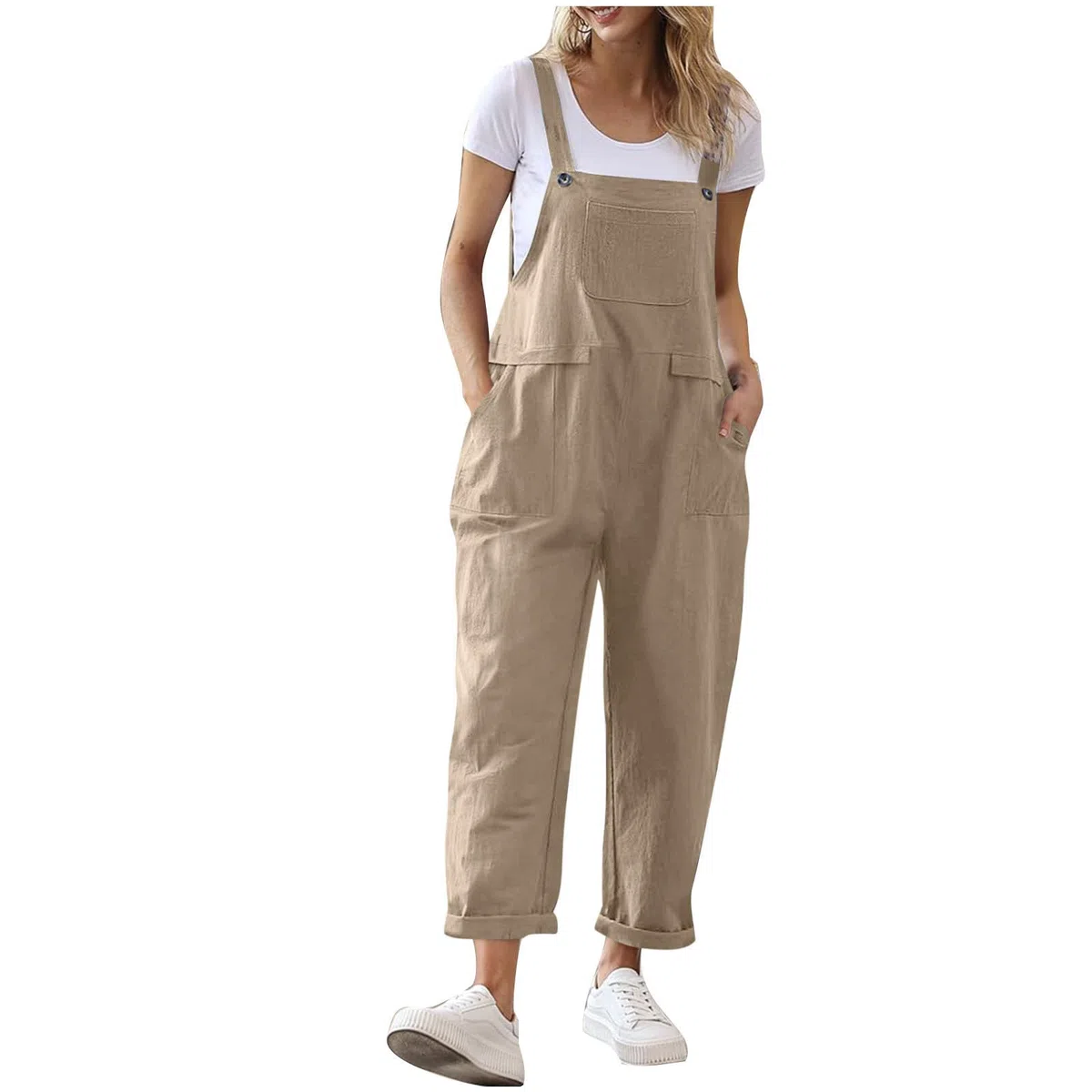 Damen Latzhose, Oversize Jumpsuit für Damen Baumwolle Und Leinen Jumpsuit mit Große Taschen Einfarbig Sommerhose Verstellbarer Riemen Stoffhose Mode Strandhose