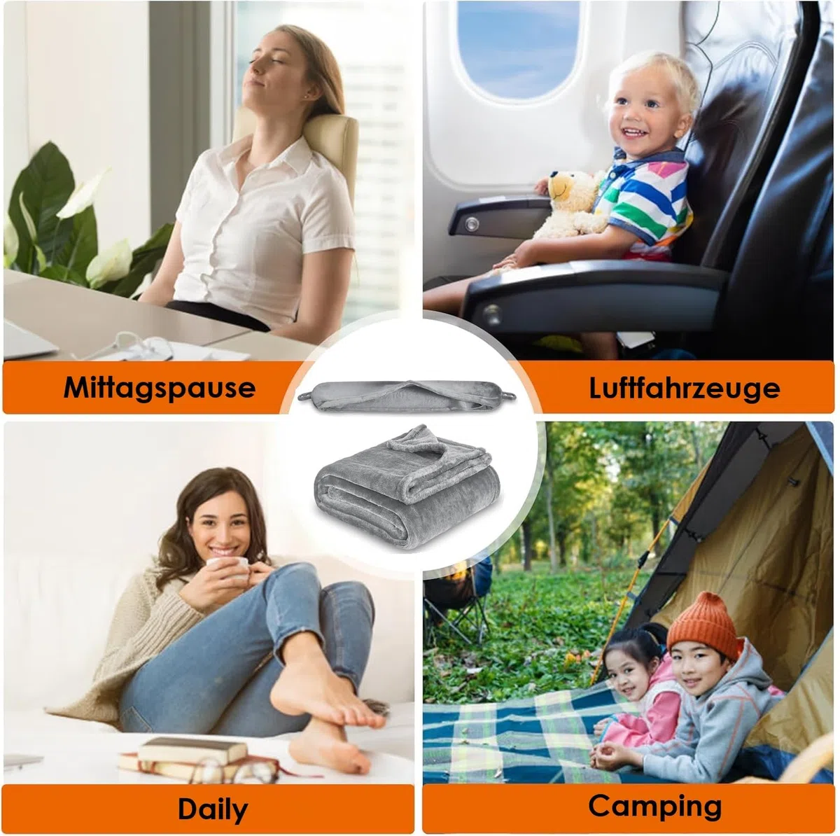 Reisedecke Ultraleicht Warm, Reise Flugzeug Auto Gadgets, Nackenkissen Nackenrolle Dünne Decke Faltbar 3-In-1-Set Fleece, für Reisen, Camping, Büros Zuhause