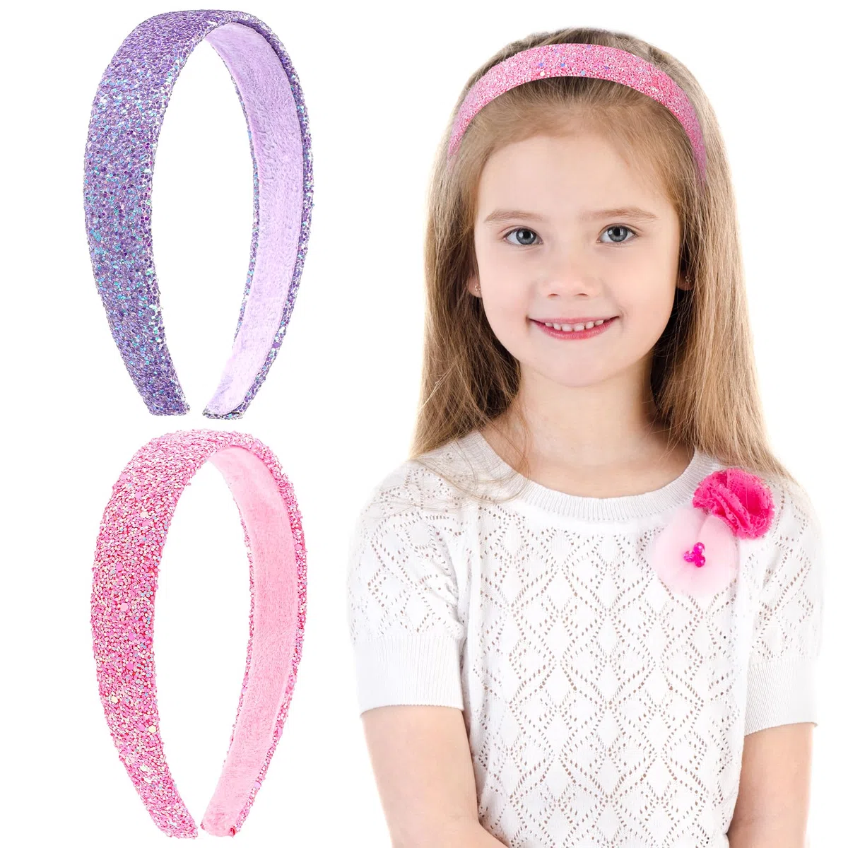 COMNICO 2 Stück Glitzer Stirnbänder für Mädchen Niedliche Glitzernde Breite Dicke Stirnbänder Bling Rutschfestes Haarband Regenbogen-Pailletten Haarschmuck (Rosa + Lila, Einheitsgröße)