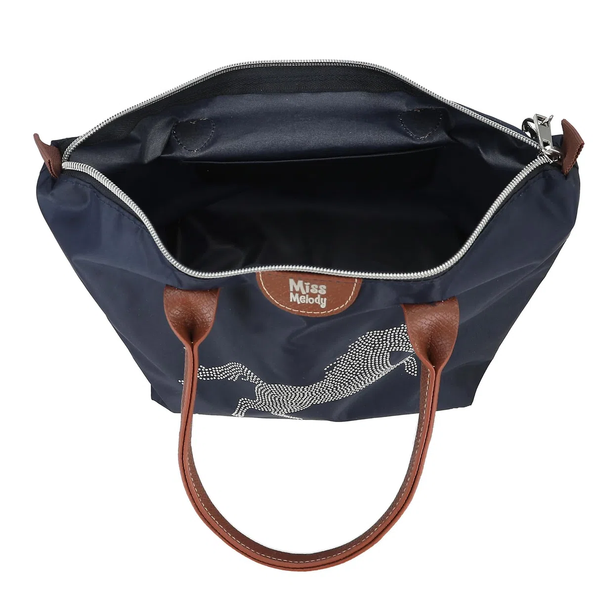 Depesche 13690 Miss Melody Luxury Horse - Umhängetasche in Dunkelblau und Braun, mit Pferde Motiv und kleinen Nieten, Handtasche mit längenverstellbarem Tragegurt