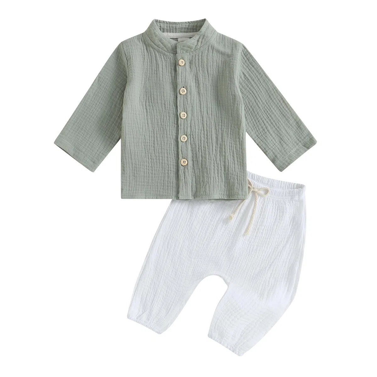 Yassiglia Baby Jungen Baumwolle Zweiteiler Outfit Weiches Musselin Kleidung Set Bequeme Bekleidungssets für Kleinkind Langarm Stehkragen Hemd + Hose