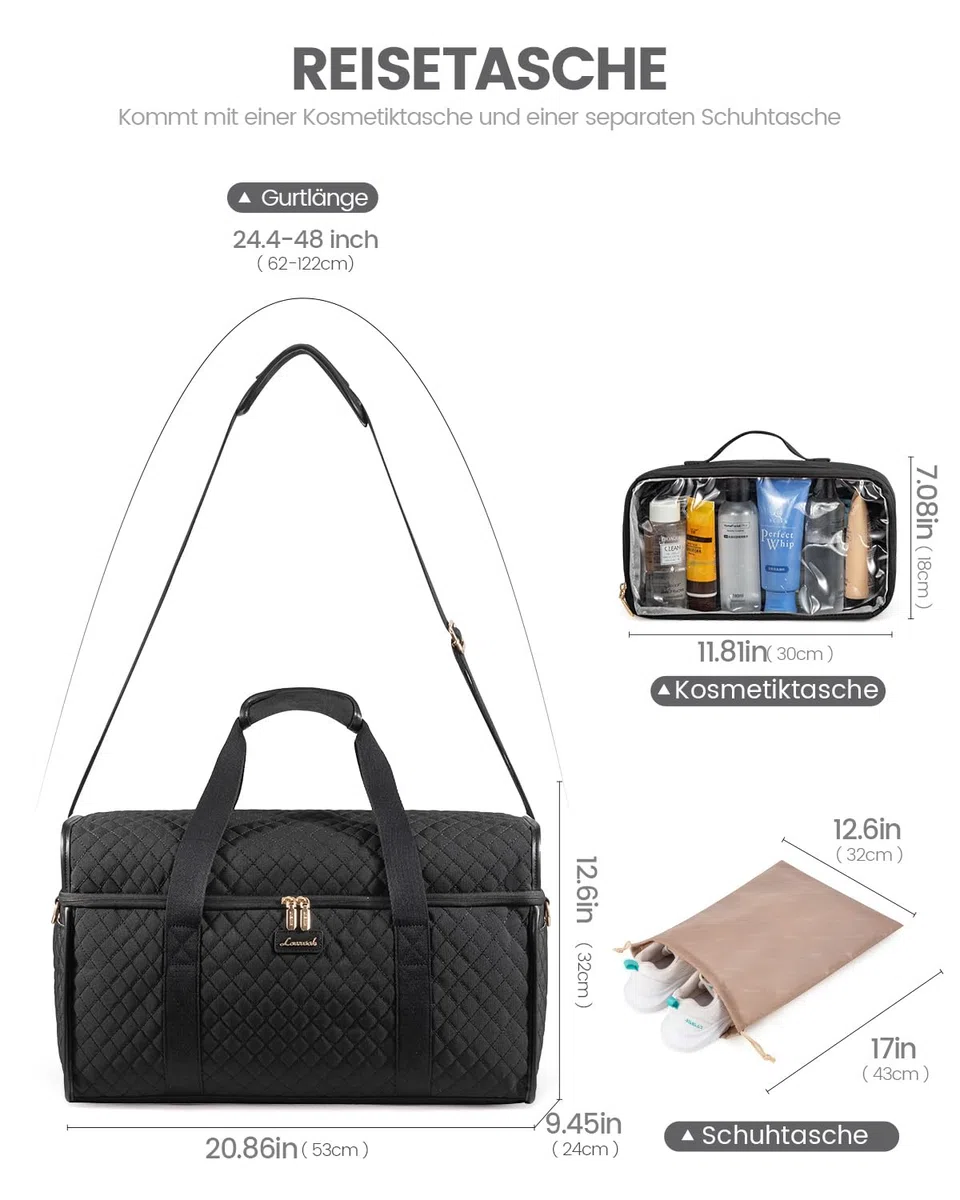 LOVEVOOK Reisetasche Damen, Große Öffnung Weekender Handgepäck Tasche Groß Travel Duffle Bag, Wasserdicht Kliniktasche Geburt Krankenhaustasche Sporttasche für Flugzeug Reise Sport Gym, Schwarz