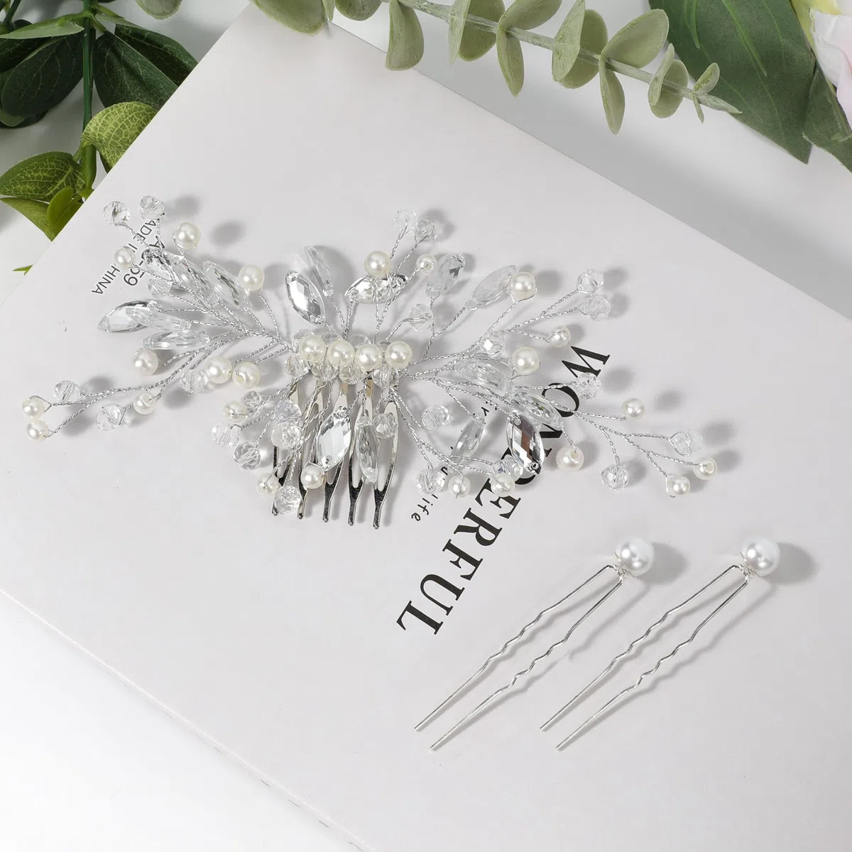 Haarkamm Hochzeit und 8 Stück Haarspange Perlen, Braut Haarschmuck Hochzeit Silber, Kristall Haarschmuck Blumen, Brautschmuck Haare, Haarnadeln Hochzeit