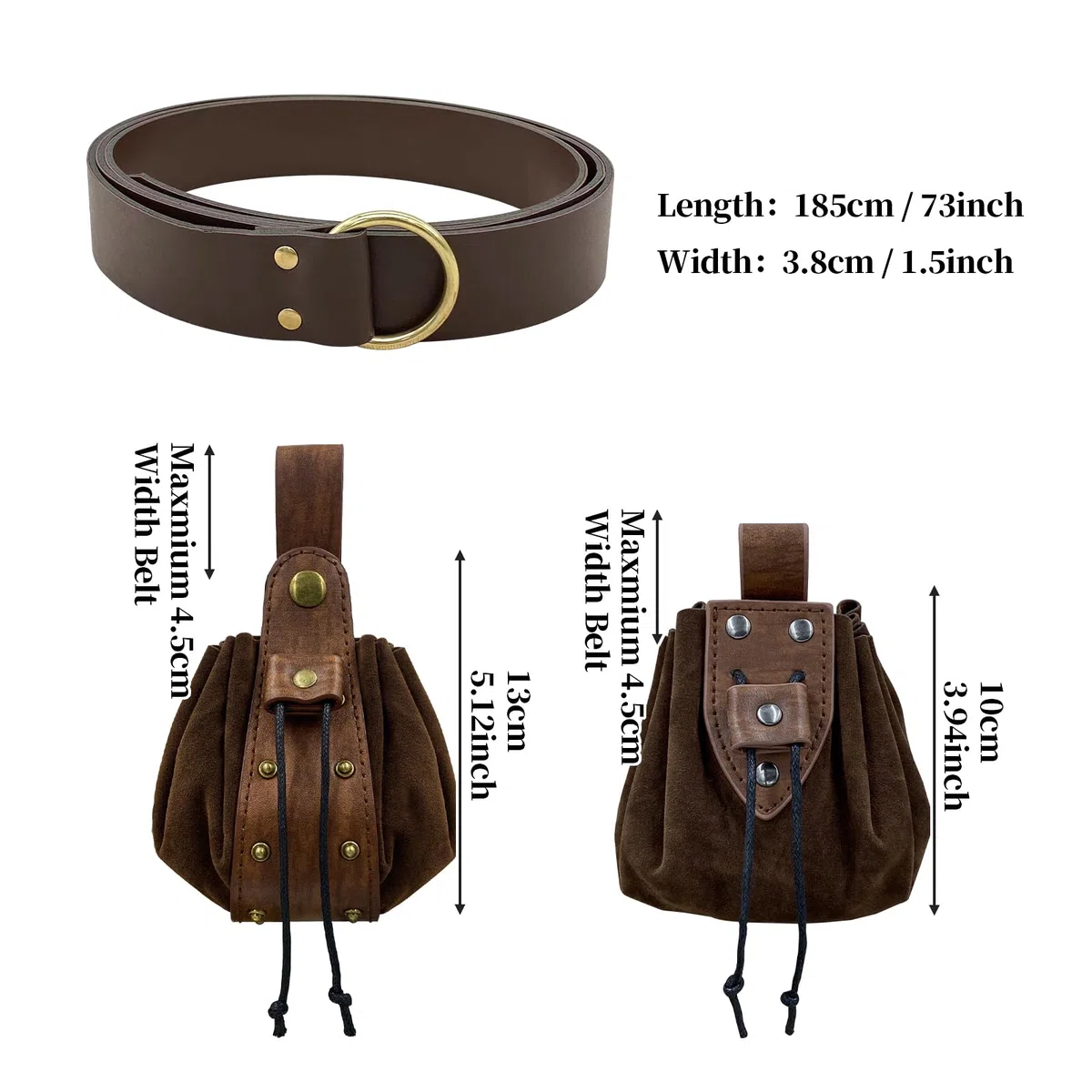 HiiFeuer Mittelalter Geprägter O-Ring Gürtel mit Nordisch Geprägter Gürteltasche, Vintage Kunstleder Gürtel und Seitentasche Set für LARP