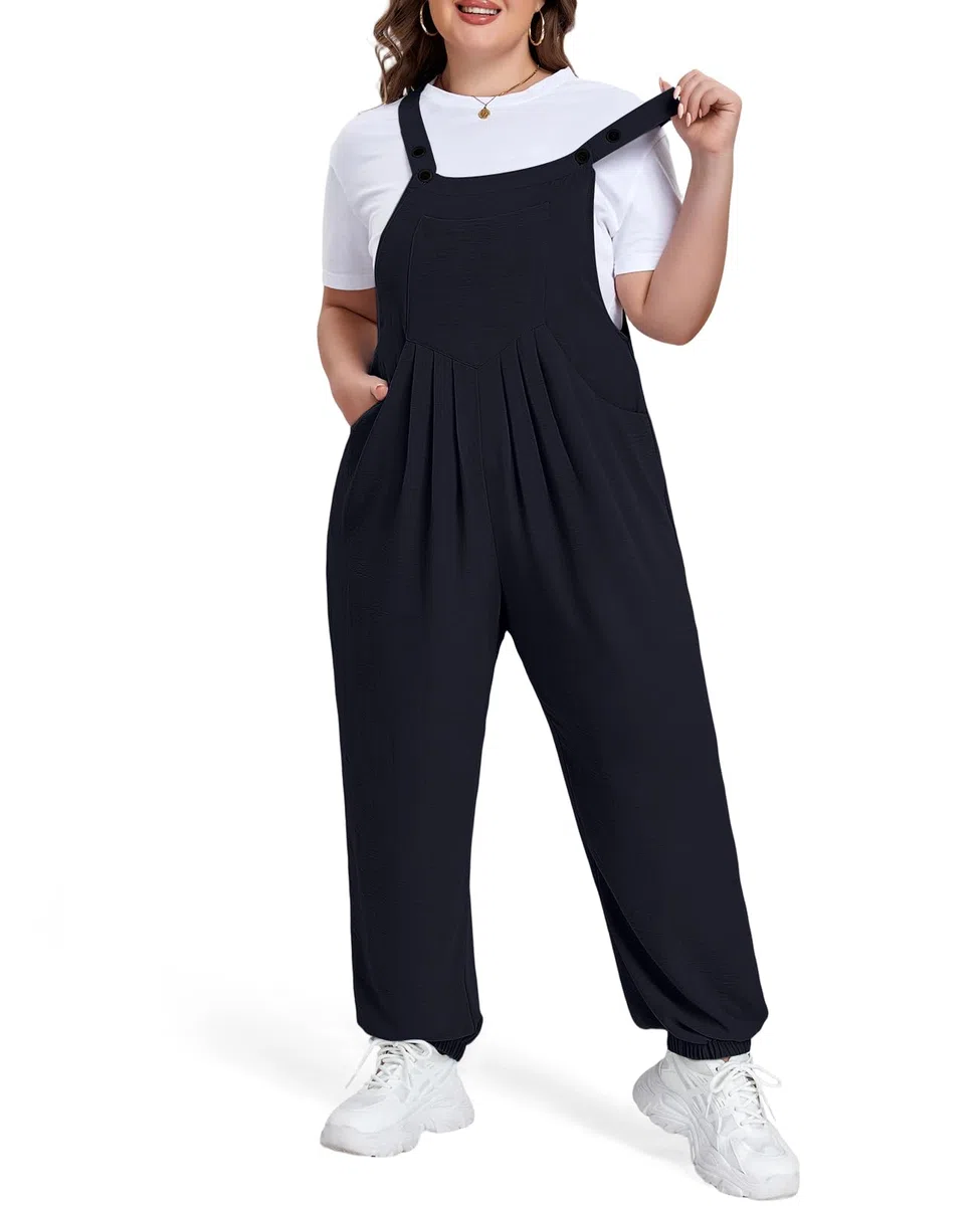 Moon Wood Damen Latzhosen Oversize mit Elastischem Saum Casual Baggy Sommer Jumpsuit Overall mit Trägern und Taschen Große Größen