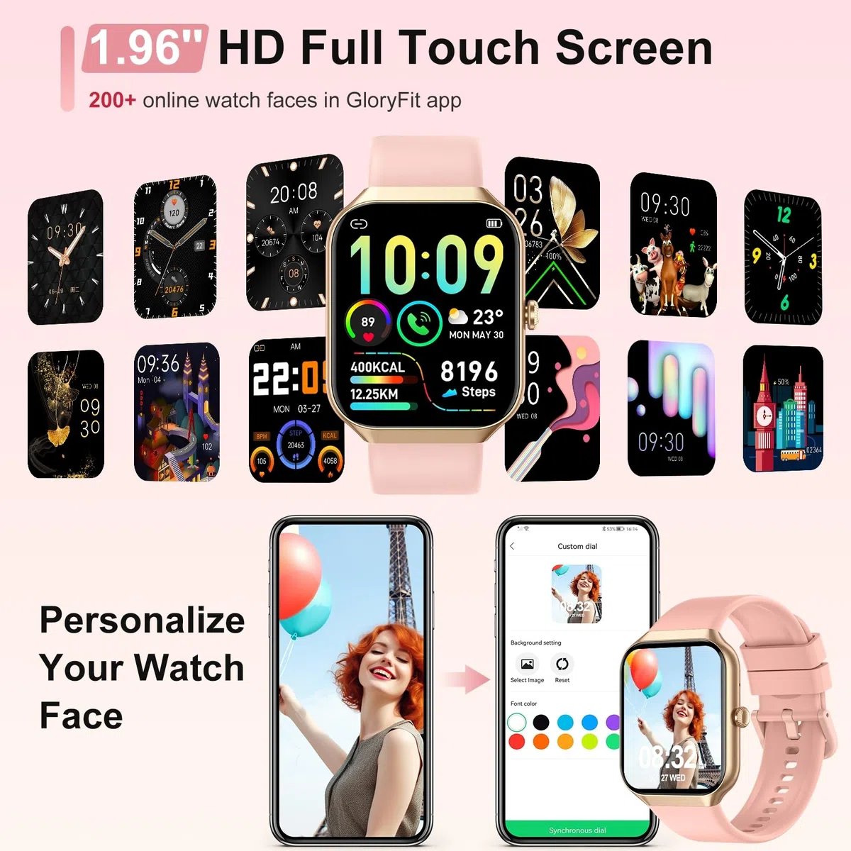 Smartwatch Damen mit Telefonfunktion, 1,96" HD Touch Fitnessuhr mit Pulsuhr und Schlafanalyse Fitness Tracker, Smart Watch mit 113+Sportmodi IP68 Wasserdicht Sportuhr für iOS Andriod, Roségold