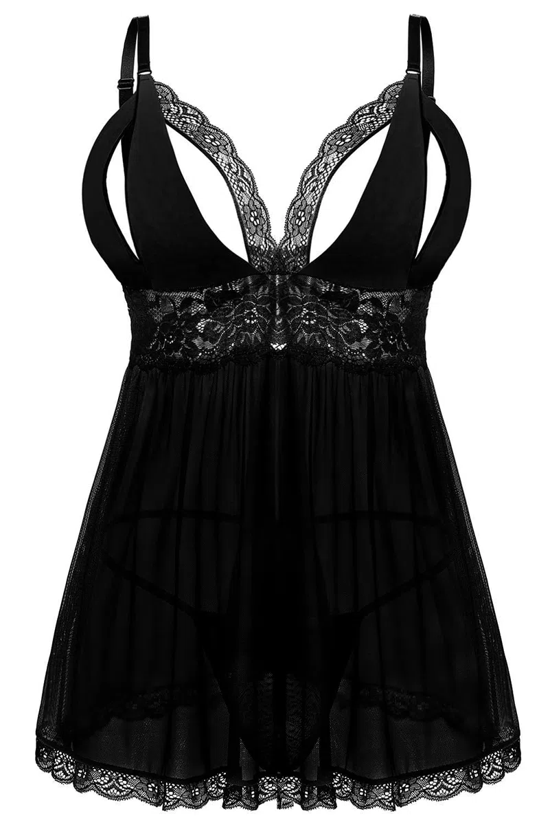 EVELIFE Damen Übergröße Dessous Set Spitze Sexy Chemise Nachtwäsche Babydoll Kleid mit G-String