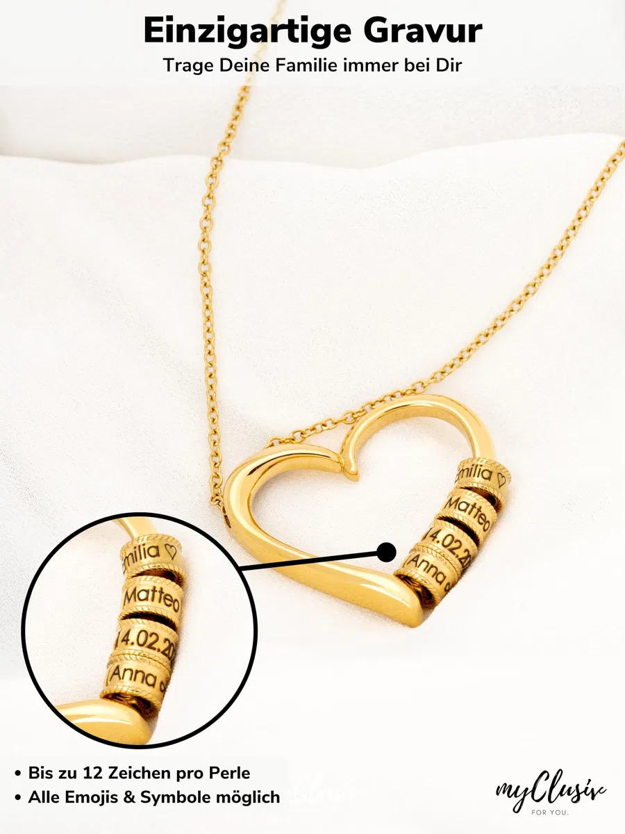 Herzkette mit gravierten Perlen – Personalisierte Namenskette als Geschenk für Frauen & Mama – Damen Halskette aus Edelstahl mit Gravur