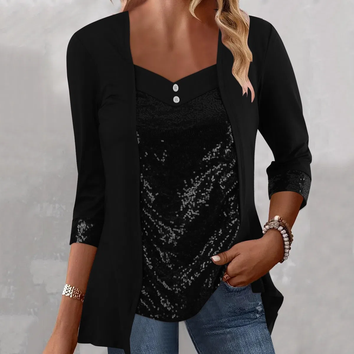 Glitzer Oberteile Damen Elegant T Shirt Langarm Pailetten Bluse Festlich Patchwork mit Knöpfen V Ausschnitt Langarmshirt Tunika Top Longshirt Blusenshirt Blusen & Tuniken für Damen