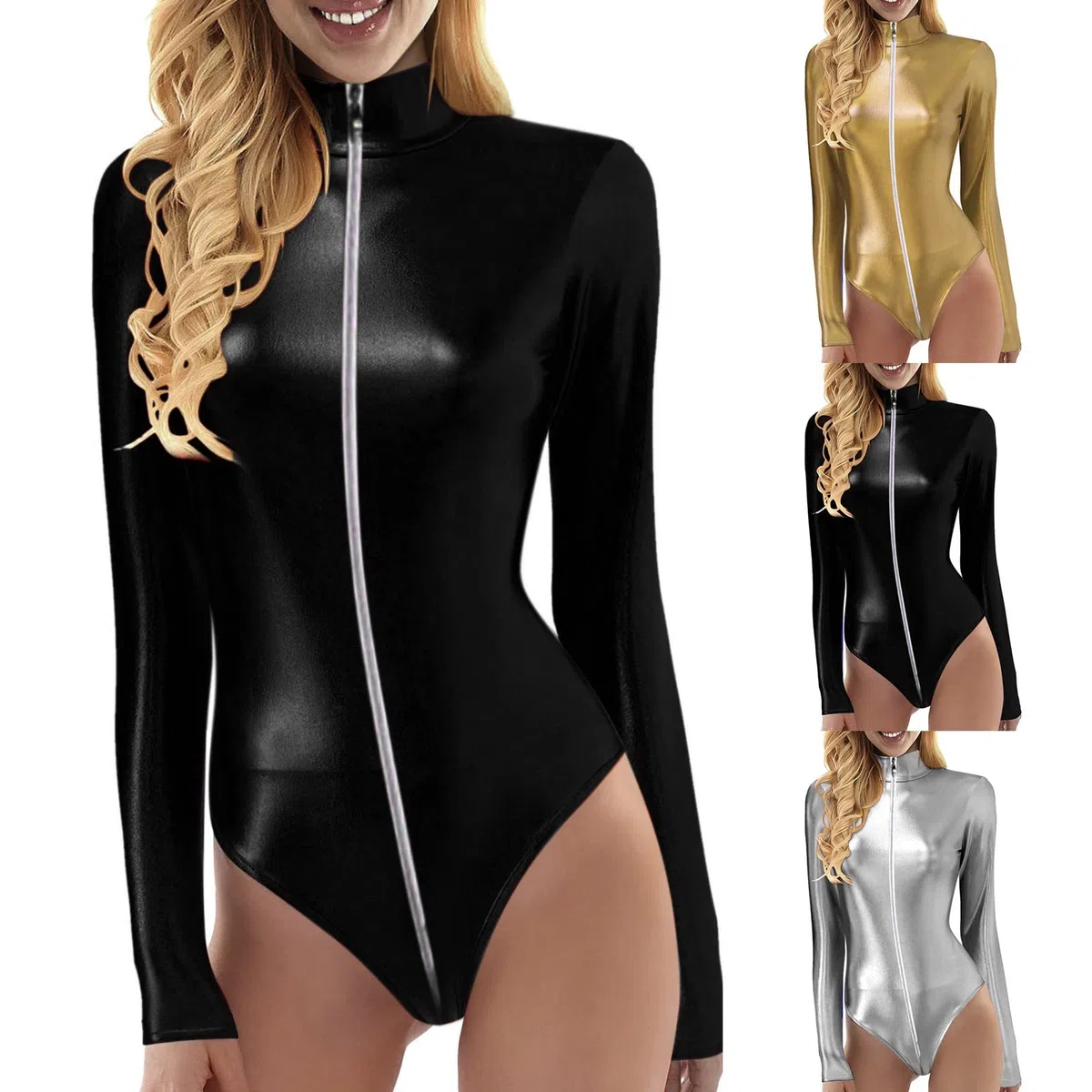 Damen Glänzende Ballettanzug Ballettbody Sport Tanz Body Gymnastikanzug Trikot Langarm Bodysuit Metallic Wetlook Einteiler Turnanzug Leotards Overall Lack Leder Oberteile Tops Kostüm weich